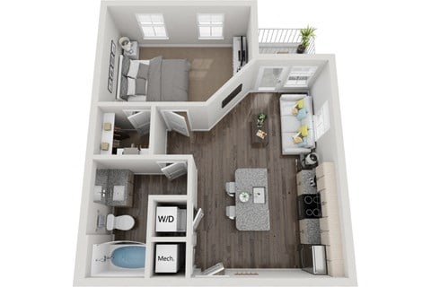 Floor plan for 1 bed, 1 bath, 631 sqft